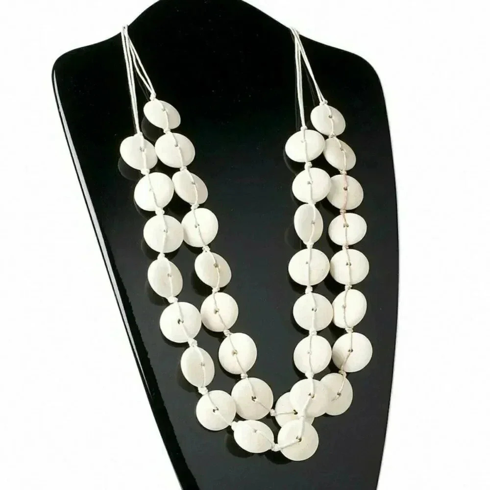 Bleached White Wood Disk Long 2-Strand Necklace with Cotton Cord